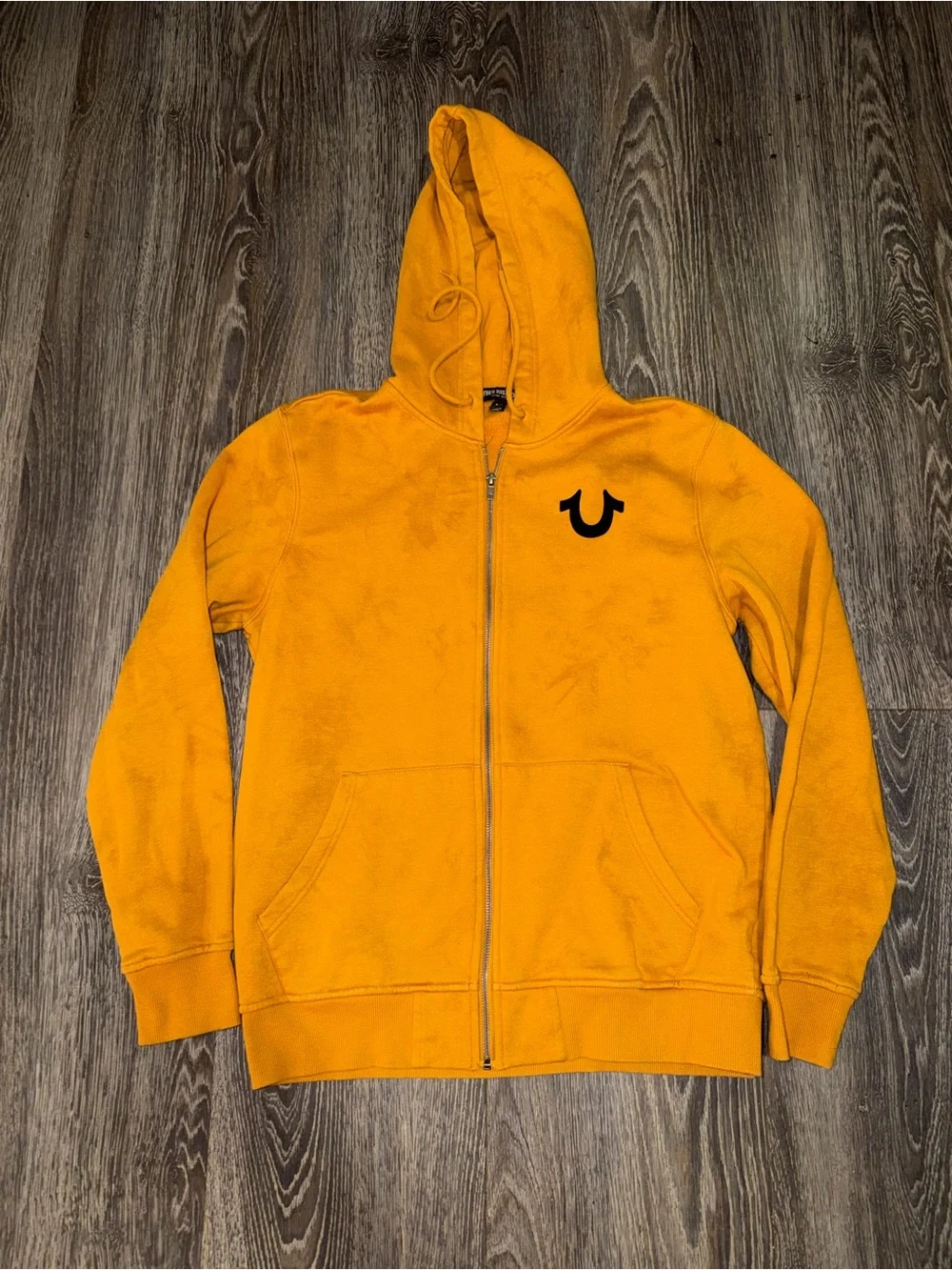 True Religion Vintage yellow zip up hoodie with black logo size L